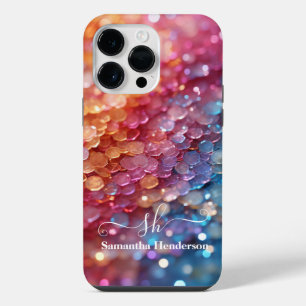 Modern Blue Pink Pastel Ombre Glitter Monogrammed iPhone 14 Pro Max Case