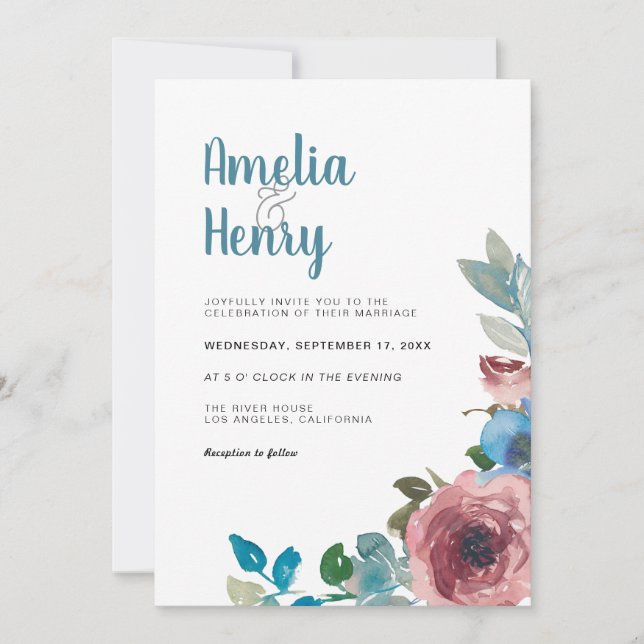 Modern Blue & Pink Watercolor Floral Wedding Invitation (Front)