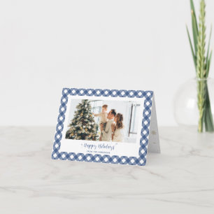 Modern Blue Plaid Calligraphy Photo Holiday Card