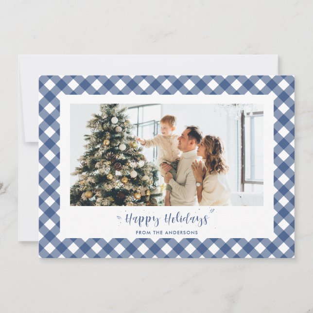 Modern Blue Plaid Calligraphy Photo Holiday Card (Front)