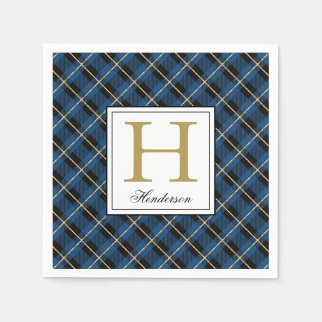 Modern Blue Plaid Check Gold Accents, Monogrammed Napkin (Front)
