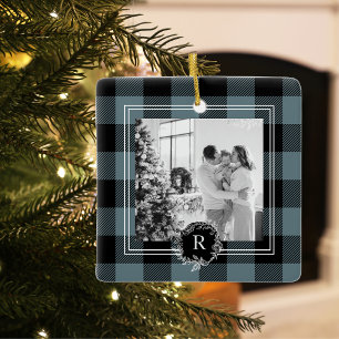 Modern Blue Plaid Family Photo Initial Ceramic Ornament
