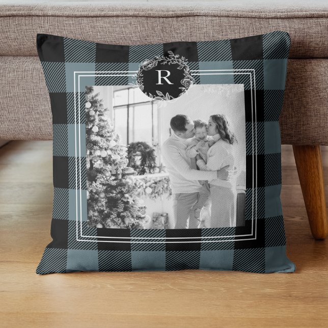 Modern Blue Plaid | Family Photo | Initial  Cushion (Creator Uploaded)