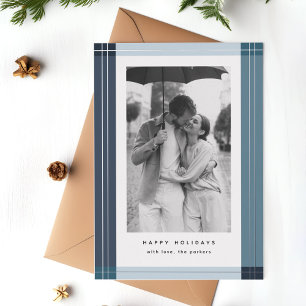 Modern Blue Plaid Frame Christmas Photo Foil Holiday Card