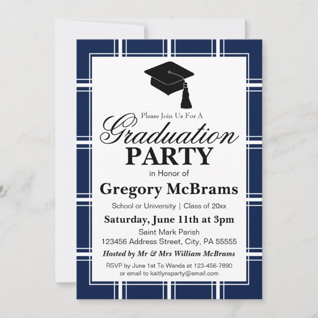 Modern Blue Plaid Graduation Party Invitation (Front)