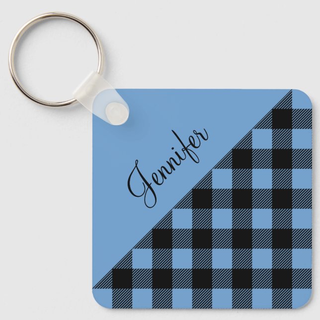 Modern Blue Plaid Name Key Ring (Front)