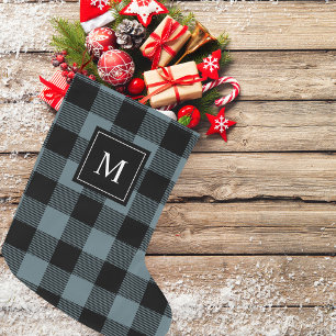 Modern Blue Plaid & Name Large Christmas Stocking
