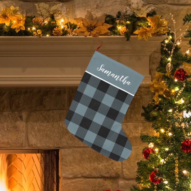 Modern Blue Plaid & Name Large Christmas Stocking (Creator Uploaded)