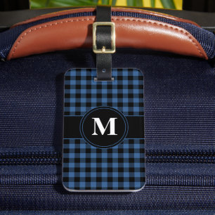 Modern Blue Plaid Pattern Monogram Luggage Tag