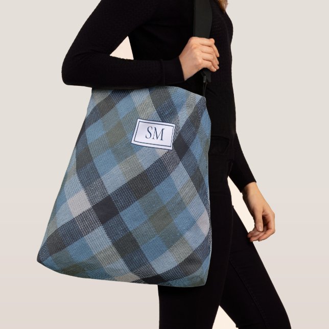 Modern Blue Plaid Personalised Monogram Crossbody Bag (Close Up)