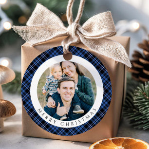 Modern Blue Plaid Photo Christmas Favour Tags