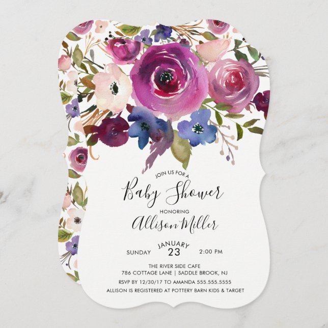 Modern Blue Plum Floral Baby Shower Invitation (Front/Back)