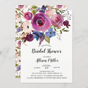 Modern Blue Plum Floral Bridal Shower Invitation