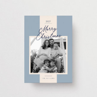 Modern Blue Preppy Stripe Family Photo Christmas Holiday Card