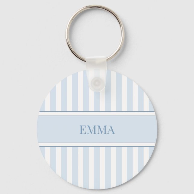Modern Blue Preppy Striped Simple Custom Name Key Ring (Front)