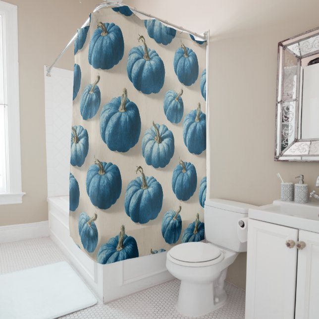 Modern Blue Pumpkin Fall Design Shower Curtain (In Situ)
