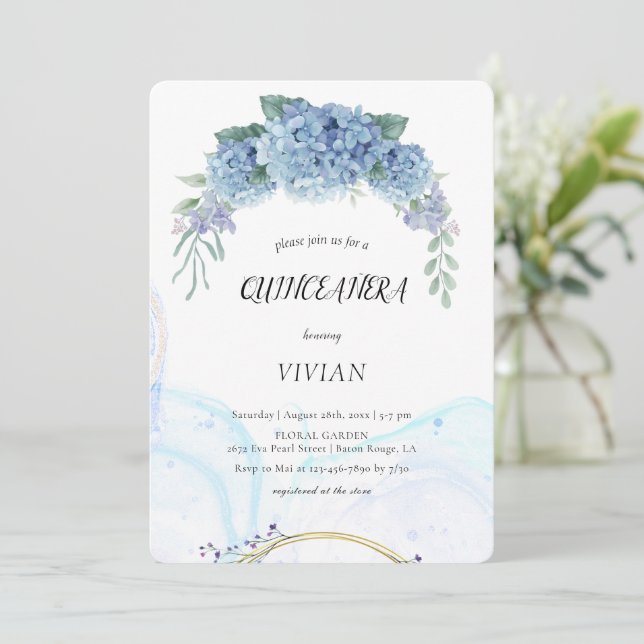 Modern Blue purple Floral Quinceanera Invitation (Standing Front)