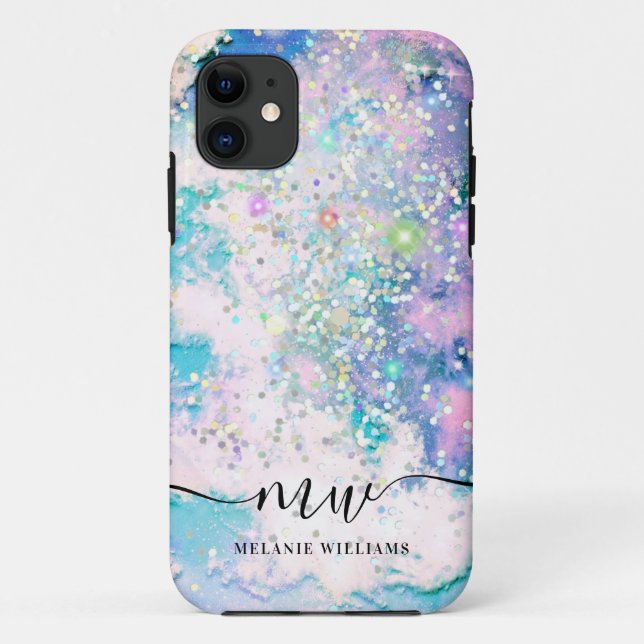 Modern blue purple glitter chic monogrammed Case-Mate iPhone case (Back)