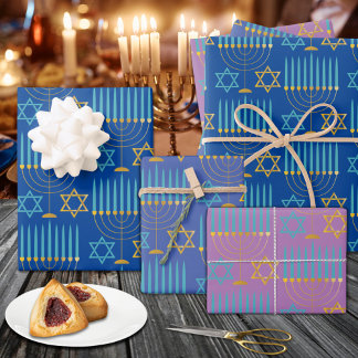Modern Blue Purple Gold Hanukkah Menorahs & Stars Wrapping Paper Sheet