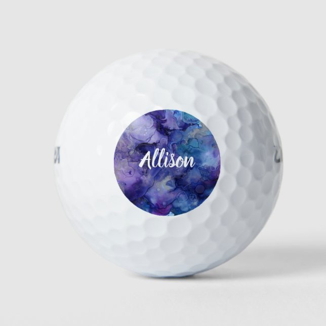 Modern Blue Purple Watercolor Personalised Golf Balls (Front)