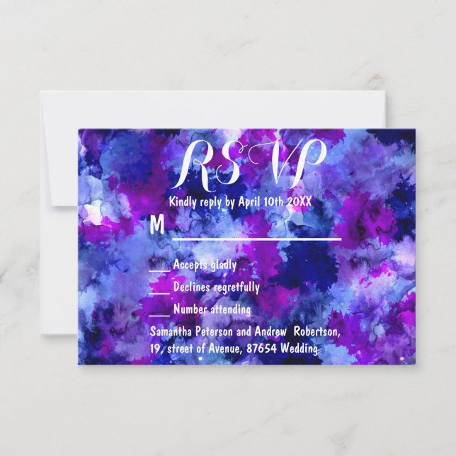 Modern blue purple watercolor wedding RSVP (Front)
