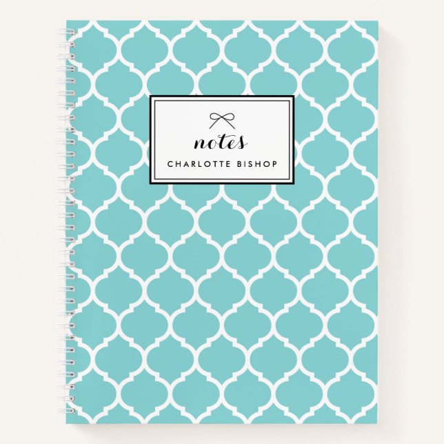 Modern Blue Quatrefoil Pattern Personalised Notebook (Front)