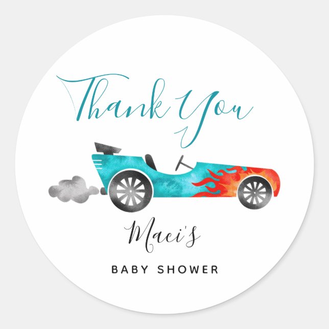 Modern Blue Race Car Baby Shower Favour Classic Round Sticker (Front)