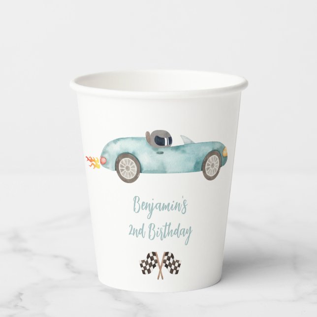 Modern Blue Race Car Birthday Paper Cups (Back)