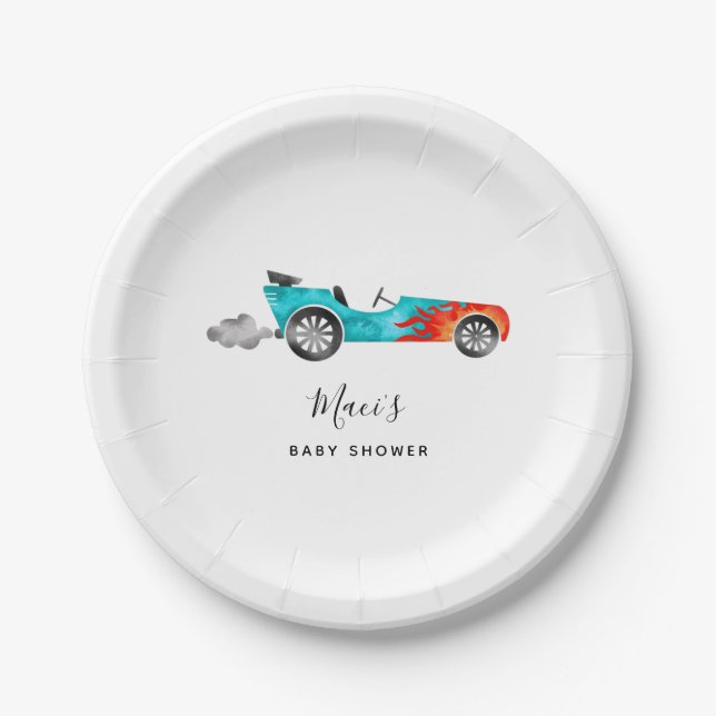 Modern Blue Race Car Girl Baby Shower Paper Plate (Front)