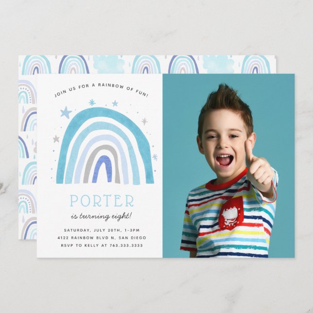 Modern Blue Rainbow Kids Birthday Party Photo  Invitation (Front/Back)