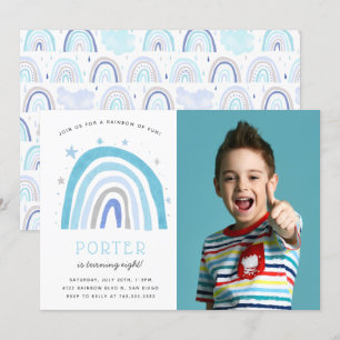 Modern Blue Rainbow Kids Birthday Party Photo Invitation