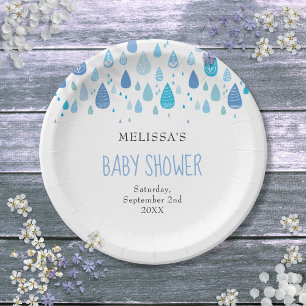 Modern Blue Raindrops Baby Boy Shower Sprinkle Paper Plate