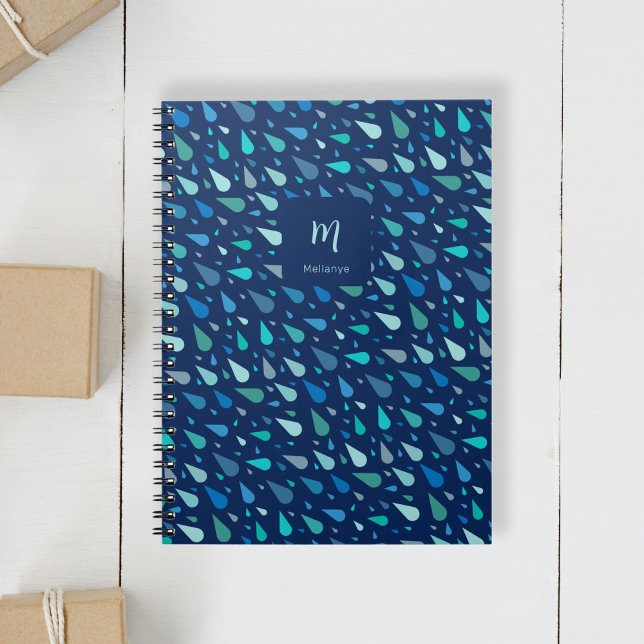 Modern blue raindrops custom monogram and name notebook (Modern blue water drops custom monogram and name notebook)