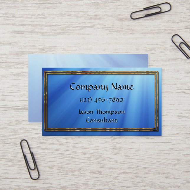 Modern Blue Rays Gold Frame Business Card (Front/Back In Situ)