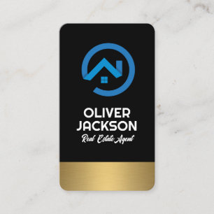Modern Blue Real Estate Logo Gold Trim Business Card