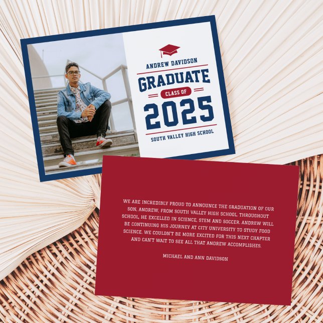 Modern Blue Red Photo Graduation Announcement (Creator Uploaded)