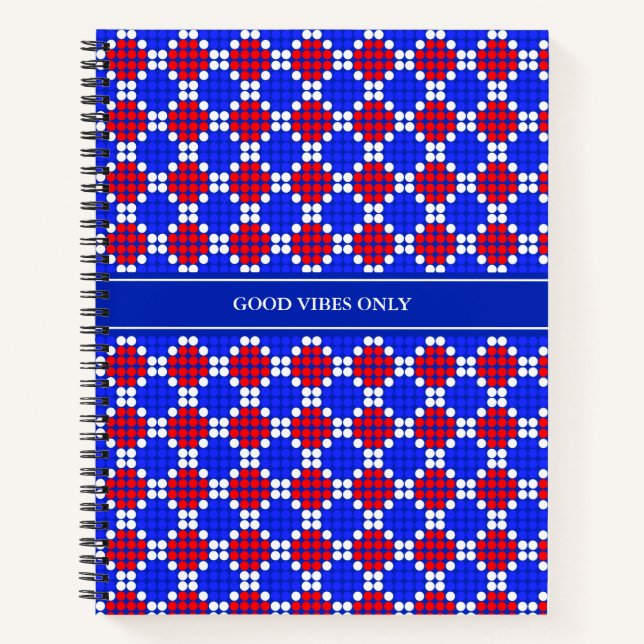 Modern Blue Red White Dotted Diamonds on Blue Notebook (Front)