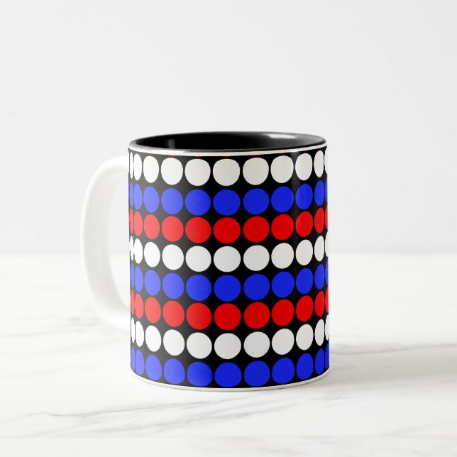 Modern Blue Red White Dotted Stripes Two-Tone Coffee Mug (Front Left)