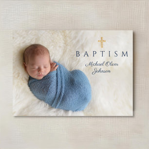 Modern Blue Religious Cross Boy Baptism Photo Invitation