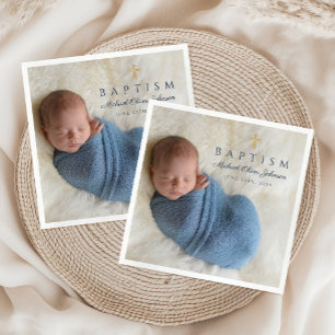 Modern Blue Religious Cross Boy Baptism Photo Napkin