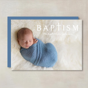 Modern Blue Religious Cross Photo Boy Baptism Invitation