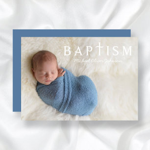Modern Blue Religious Cross Photo Boy Baptism  Invitation