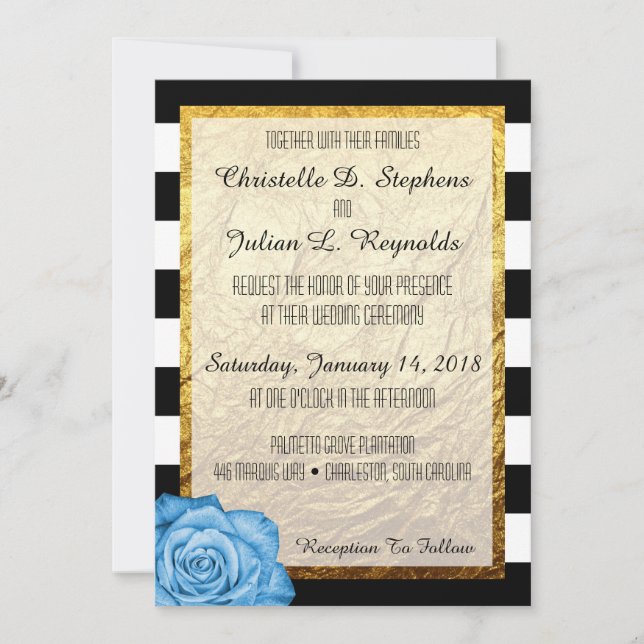 Modern Blue Rose Faux Gold Foil Striped Wedding Invitation (Front)