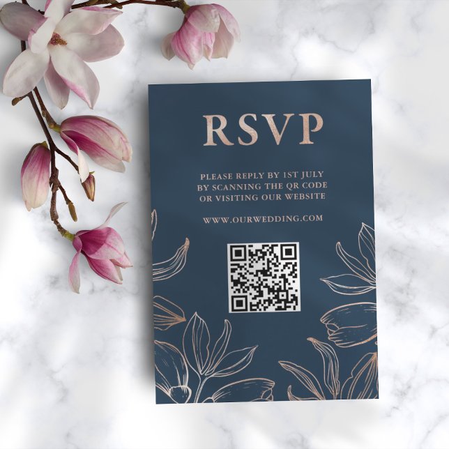 Modern Blue & Rose Gold Foliage RSVP QR Wedding (Creator Uploaded)