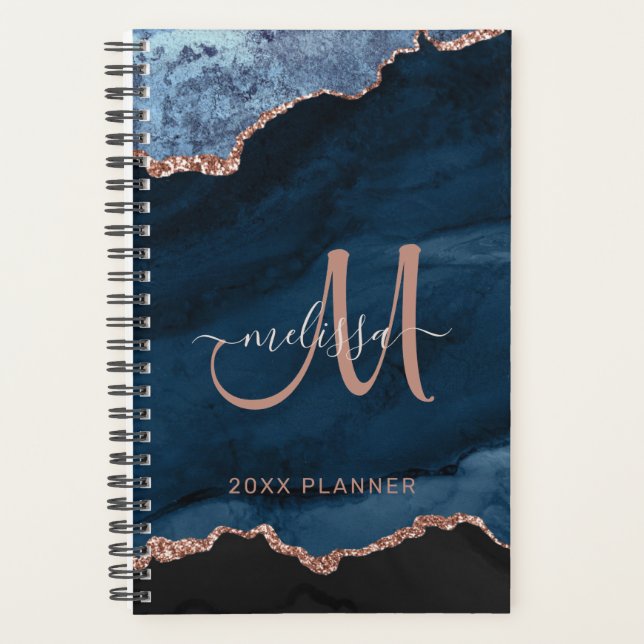 Modern Blue Rose Gold Glitter Agate Monogram 2024 Planner (Front)