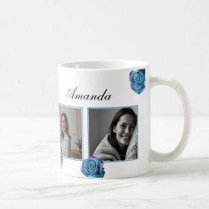 Modern Blue Rose Monogram Photo Collage Custom Mum Coffee Mug