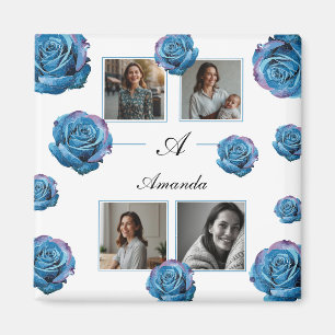 Modern Blue Rose Monogram Photo Collage Custom Mum Magnet