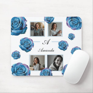 Modern Blue Rose Monogram Photo Collage Custom Mum Mouse Pad