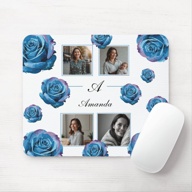 Modern Blue Rose Monogram Photo Collage Custom Mum Mouse Pad (With Mouse)