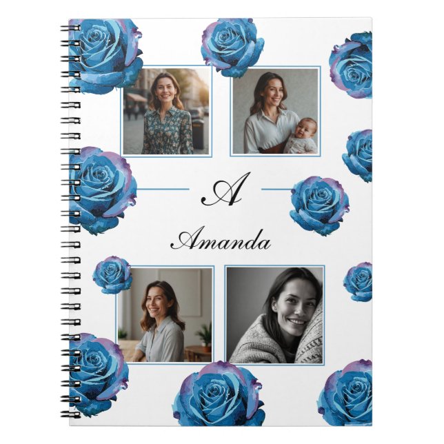 Modern Blue Rose Monogram Photo Collage Custom Mum Notebook (Front)